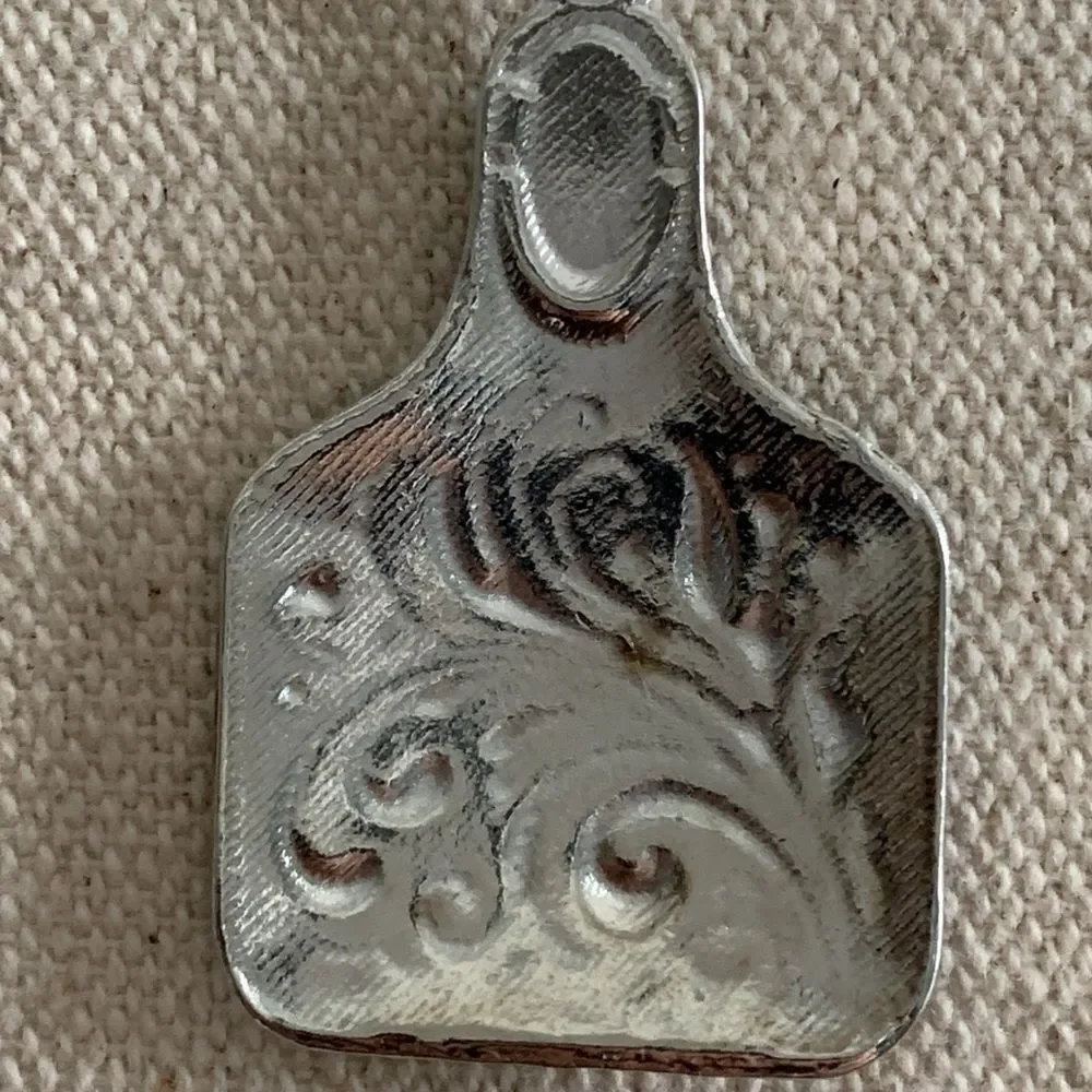 Men’s Western Cow Tag Pendant Necklace Silver Tone with Turquoise Accent